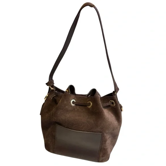 Michael Kors Brown Suede Leather Trim Bucket Shoulder Bag Drawstring Tote VTG